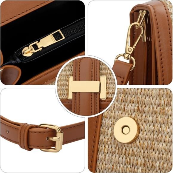 Women Brown Top Handle Straw Crossbody Bags for Summer Straw Purses Bags - Picture 5 of 7